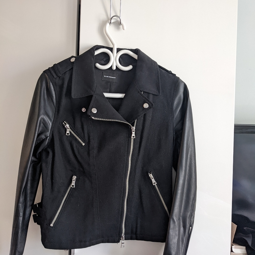 Club Monaco black denim and faux leather sleeves moto jacket, size small